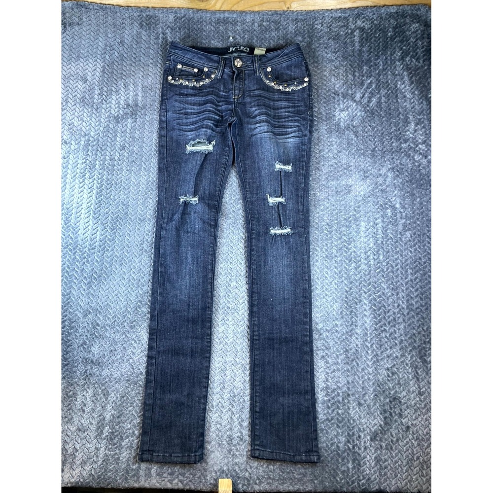 JCJQ Jeans Womens 9 Blue Dark Wash Distressed Studded Straight Leg MK-9988